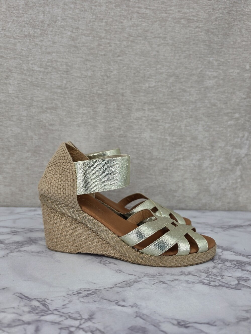 Andre Assous Adin Elastic Espadrille Wedge Metallic Gold Leather Soles